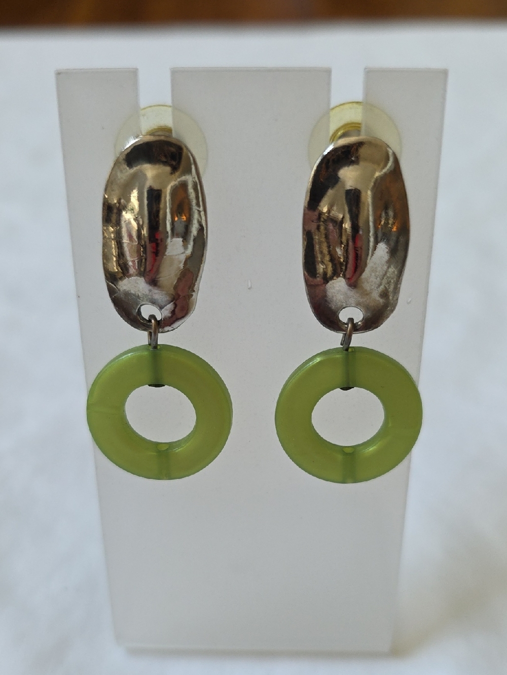 Green Hoop Drop Earrings with Silver-Tone Accents Circa 1980s